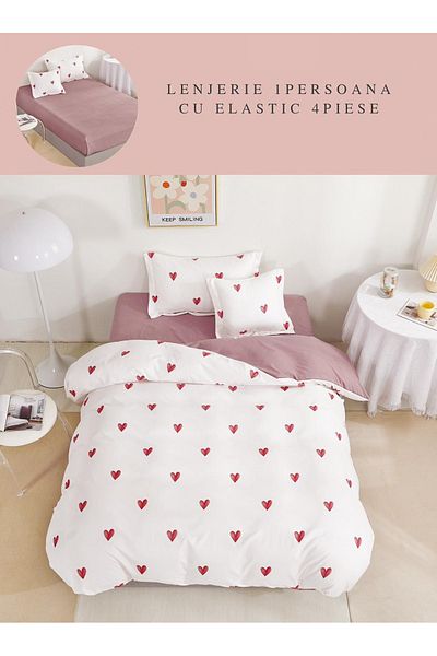 CHIRASO Finet CHIRASO 1 Person Bedding Set, 4 pieces, Fitted Sheet 140x200, hearts