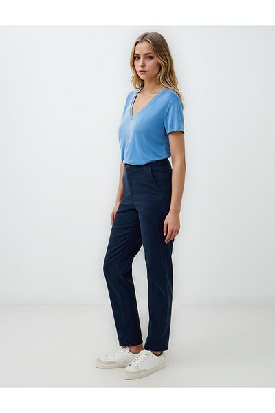 Jimmy Key Navy Blue High Waist Regular Leg Side Pocket Woven Trousers