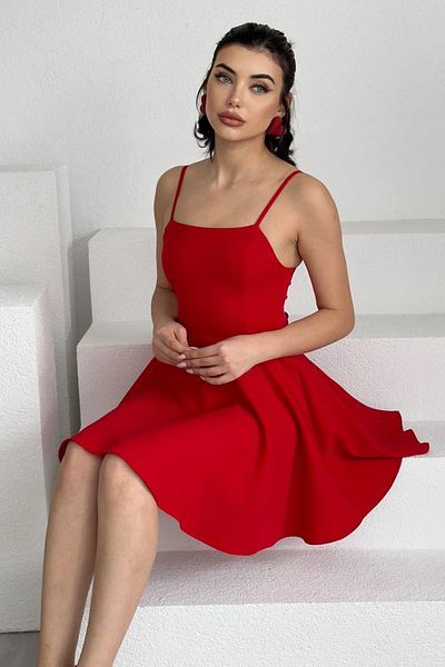 WOMAN VISION Red Atlas Fabric Adjustable Strap Back Tie Detail Flared Mini Dress 362