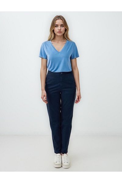 Jimmy Key Navy Blue High Waist Regular Leg Side Pocket Woven Trousers