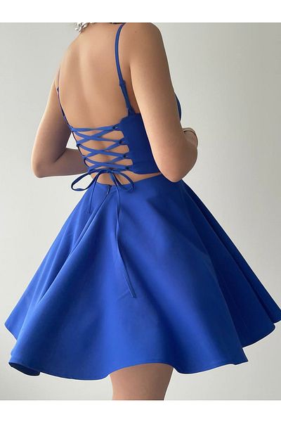 WOMAN VISION Saks Blue Atlas Fabric Curea reglabilă Detaliu de legare la spate Rochie mini evazată 362