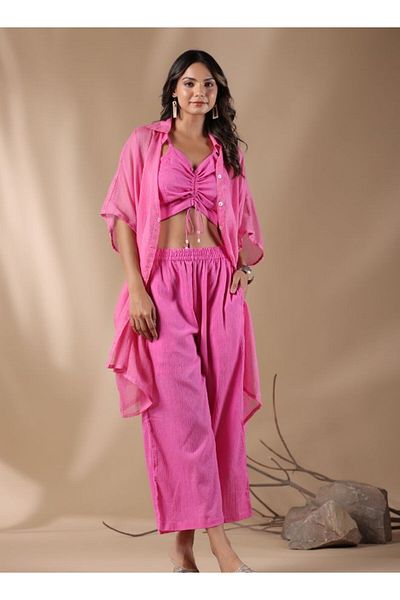 HashtagBe Stylish Pink Co-ord Set with Ruched Crop Top with Sheer Button-Up Shirt