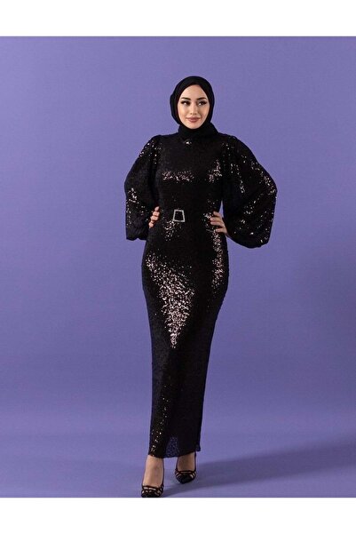 Stilife 25y3016 Elbise Pul Payet Beli Kemerli Siyah