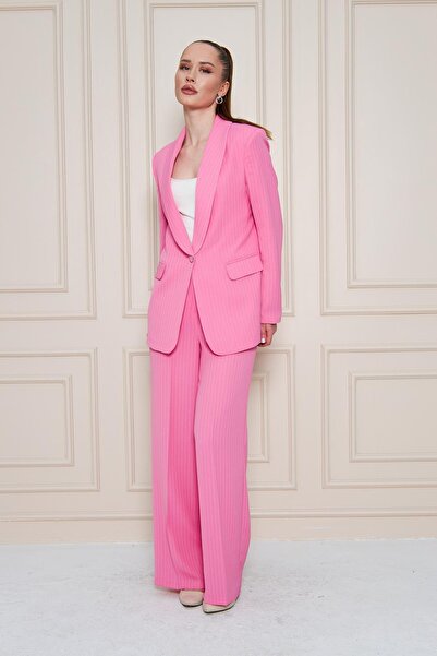 LOVELF Şal Yaka Çizgili Krep Takım Pembe