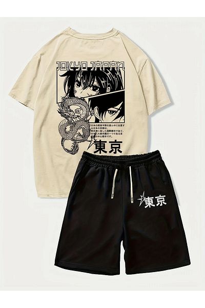 PENTHİLUS Men's Casual Outfit Tokyo Anime Printed Short Sleeve Shirt and Lace-Up Waist Shorts