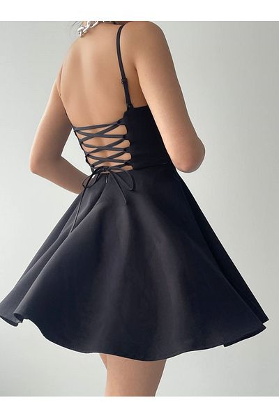 WOMAN VISION Black Atlas Fabric Adjustable Strap Back Tie Detail Flared Mini Dress 362