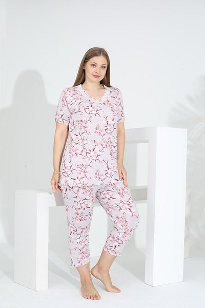 Evia Angelique Bamboo Fabric Short Sleeve Lace Detail Women's Capri Suit 22266