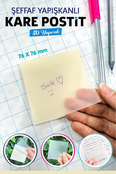 t tuğset etiket Super Transparent Adhesive Square Postit 50 Sheets Transparent Squares-T1376