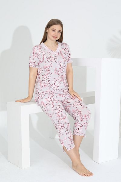 Evia Angelique Bamboo Fabric Short Sleeve Lace Detail Women's Capri Suit 22266