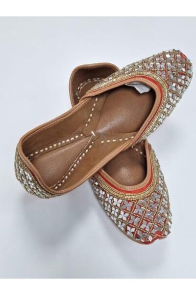 Generic Traditional Indian Jutti Flats, Mirror Embellished, Gold Beaded Trim, Brown Leather Sole, Women's Et