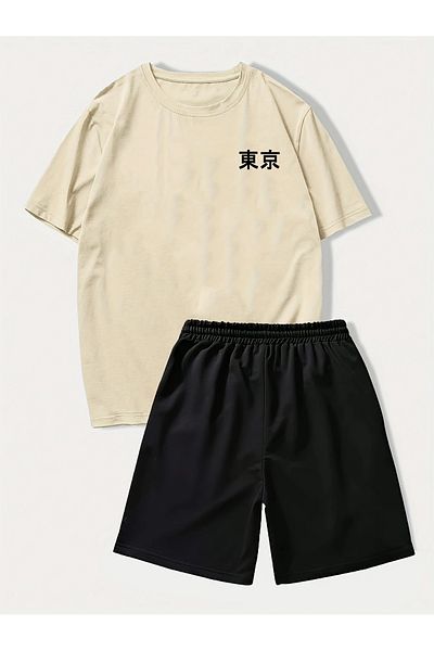 PENTHİLUS Men's Casual Outfit Tokyo Anime Printed Short Sleeve Shirt and Lace-Up Waist Shorts