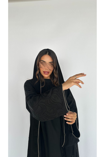 outline Half-cloche jacquard abaya with luxurious details