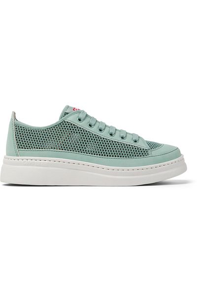 CAMPER Women's Green Genuine Leather Lace-Up Sneaker with Mesh Detail and Soft Sole RunnerUp