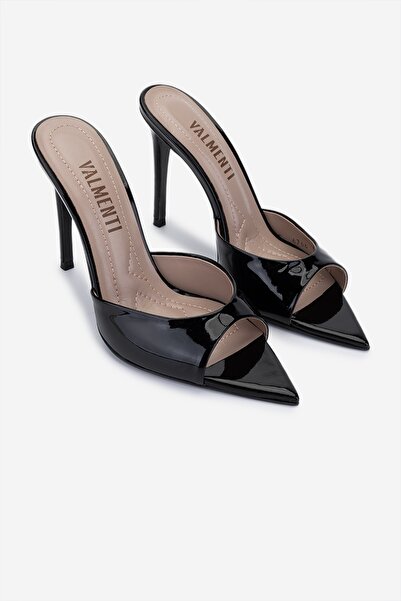 Valmenti Women's Black Patent Leather Heeled Slippers