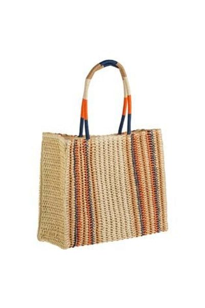 OEM Geantă de umăr bej din paie cu mânere colorate pentru femei 43 x 15,5 x 34 cm
