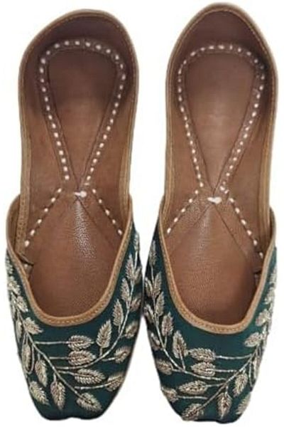 Generic Traditional Embroidered Leather Jutti Flats, Green with Gold Leaf Pattern, Handcrafted Indian Mojari