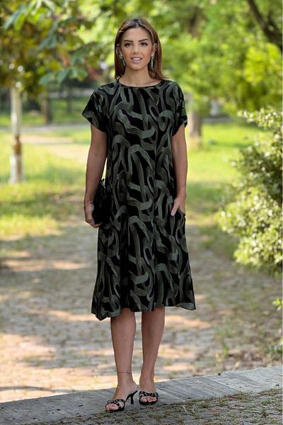 Nevin Kaya Moda Khaki Spiral Patterned Dress