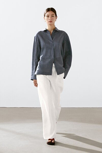 Massimo Dutti Tokalı %100 keten çizgili pantolon