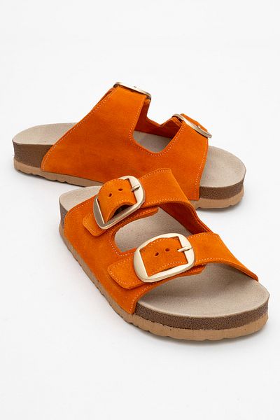 Ataköy Ayakkabı Women's Leather Double Buckle Slippers