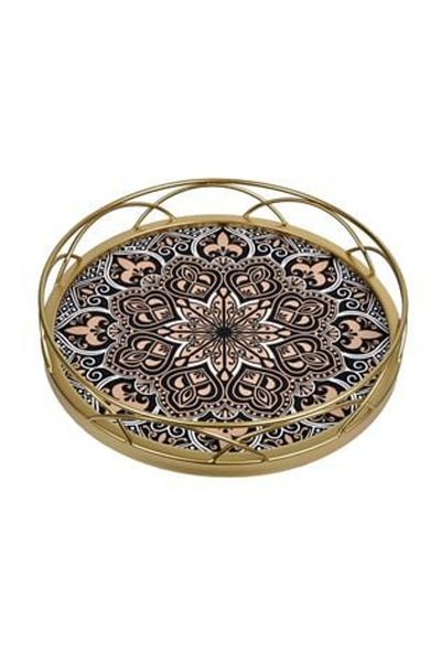 Jumbo Round Golden Brown Nude Metal Serving Tray Mandala Ø32 cm