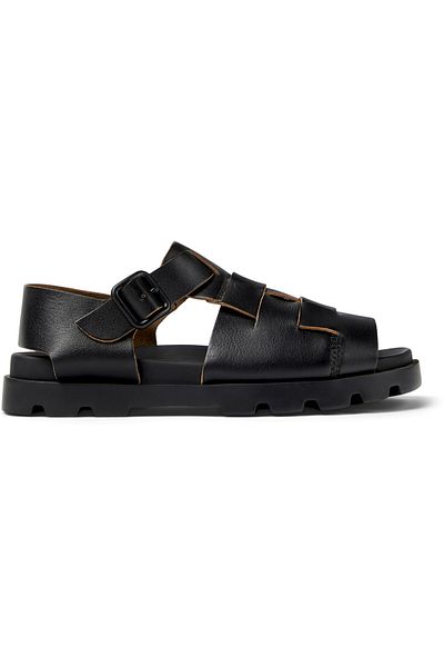 CAMPER Women’s Black Genuine Leather Sandals with Adjustable Buckle and Open-Toe Comfort Brutus