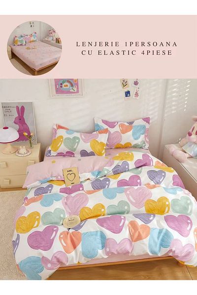 CHIRASO Finet CHIRASO 1 Person Bedding Set, 4 pieces, Fitted Sheet 140x200, hearts