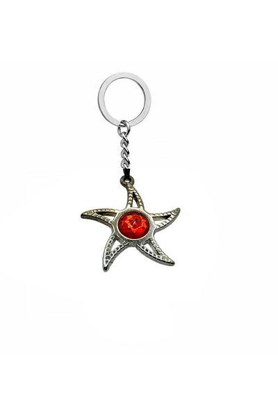 Herşey Nota Starfish Figured Keychain – Stylish Accessory with Red Stone Detail and Zamak Plating