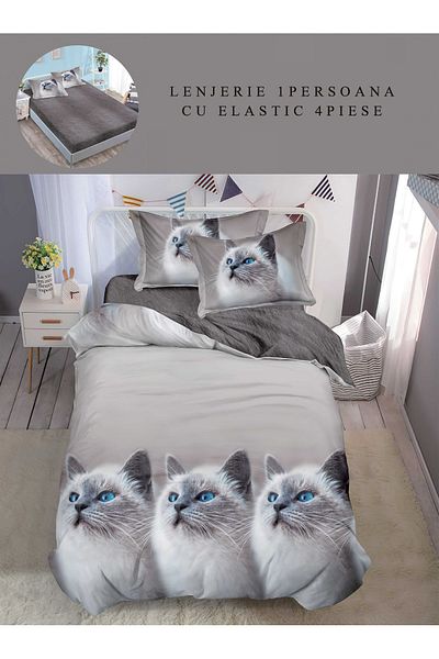 CHIRASO Finet CHIRASO 1 Person Bedding Set, 4 pieces, Fitted Sheet 140x200, cats