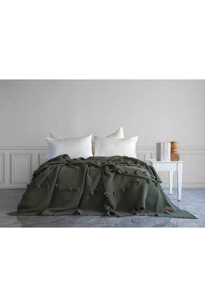 Dantela Plume Pompom Bedspread - Khaki