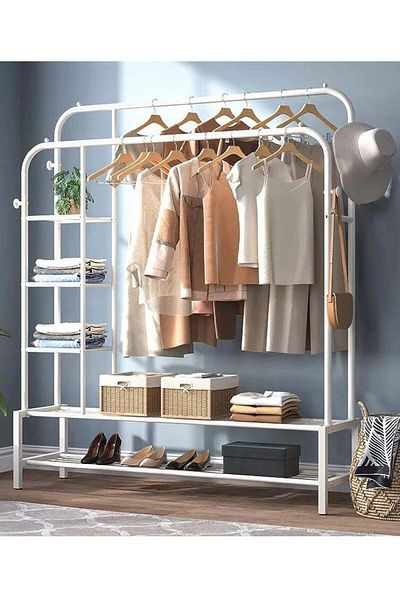 Generic Garment Rack, Double Rod Clothing Rack for Space Saving, Garment Rack with Bottom Shelf and Side