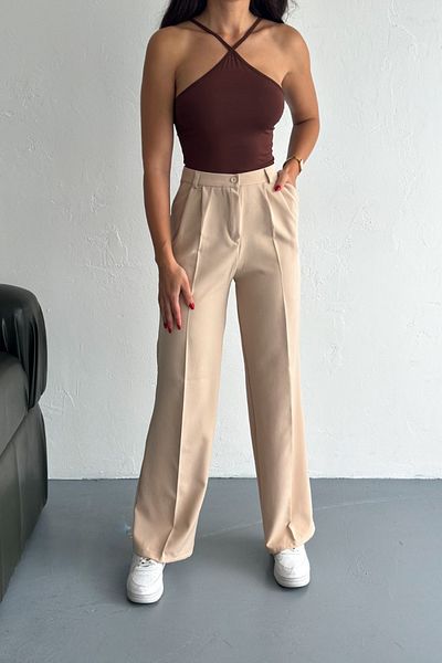 COOL TARZ Women's Double Wide Leg Palazzo Trousers Beige