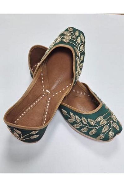 Generic Traditional Embroidered Leather Jutti Flats, Green with Gold Leaf Pattern, Handcrafted Indian Mojari