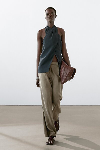 Massimo Dutti Tokalı %100 keten çizgili pantolon