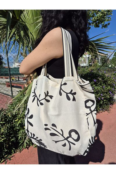 Mia Pera Beach Bag Ecru Ground Black Floral Patterned Raw Linen Hanging Bag