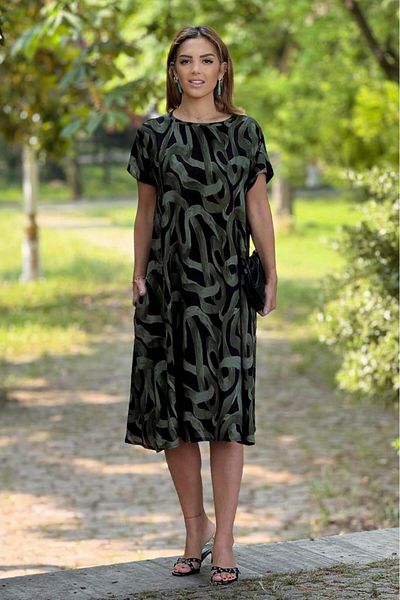 Nevin Kaya Moda Khaki Spiral Patterned Dress