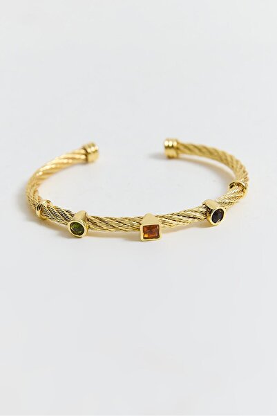 Raneel Kazançlı Alışveriş Renkli Taşlı Gold Kelepçe Bileklik