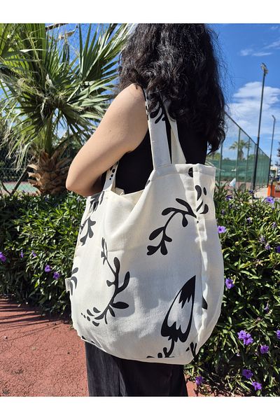 Mia Pera Beach Bag Ecru Ground Black Floral Patterned Raw Linen Hanging Bag