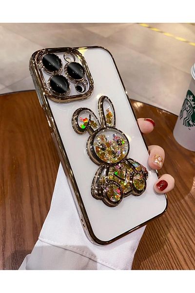 Generic Rabbit Cartoon Case Compatible with iPhone 13 Pro Full Lens Camera Protection Glitter (Golden)