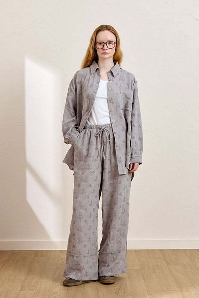 Ceylan Otantik Gray Scalloped Muslin Shirt & Double Leg Trousers Set