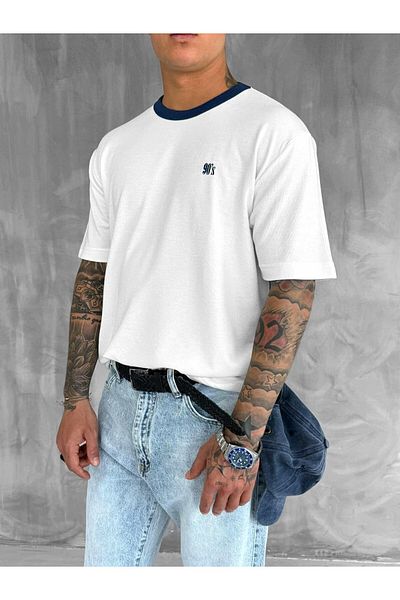 ablukaonline Men's Contrast Detailed Oversize Basic T-Shirt Ecru