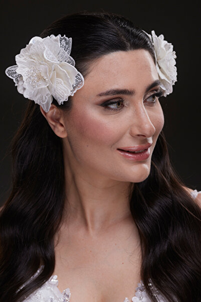 Hayalperest boncuk Double Romantic Tulle and Flower Embellished Hair Clips