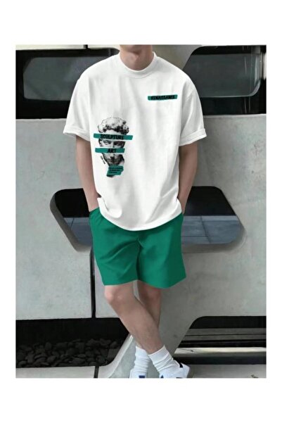 COMANCHERO Reneıssance Beyaz T-Shirt Siyah Şort - Şortlu Tişört Alt Üst Takım Baskılı Bisiklet Yaka