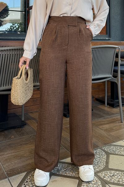 Tesettür Diyarı Women's Velcro Model Sofia Linen Wide Leg Trousers - Brown