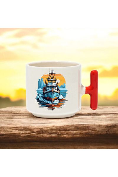 BB TRADE Ship Designed Red T-Handed Ceramic Printed Mug Cup 250 ml