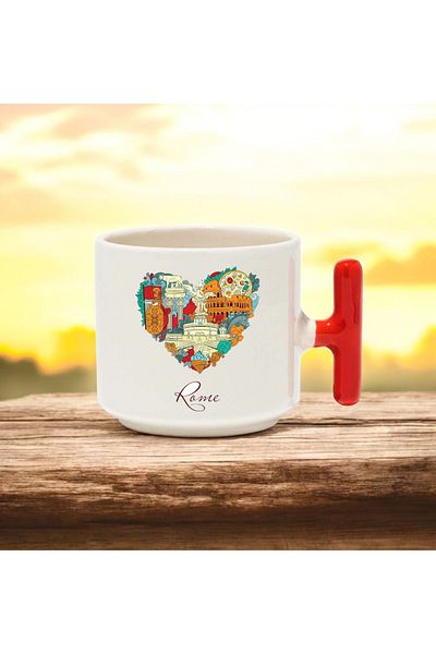 BB TRADE Roman Design Red t Handle Ceramic Printed Mug Cup 250 ml
