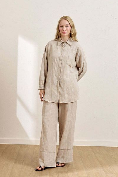 Ceylan Otantik Mink Scalloped Muslin Shirt & Double Leg Trousers Set