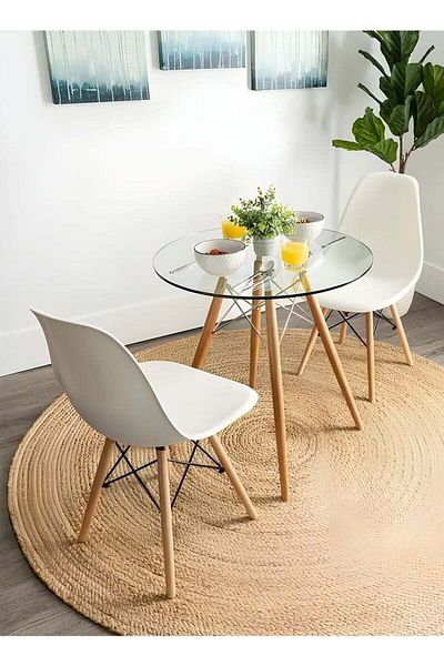 Taimi 3-Piece Dining Set – Round Tempered Glass Table 80x80x72cm with Wooden Legs & 2 White Chairs