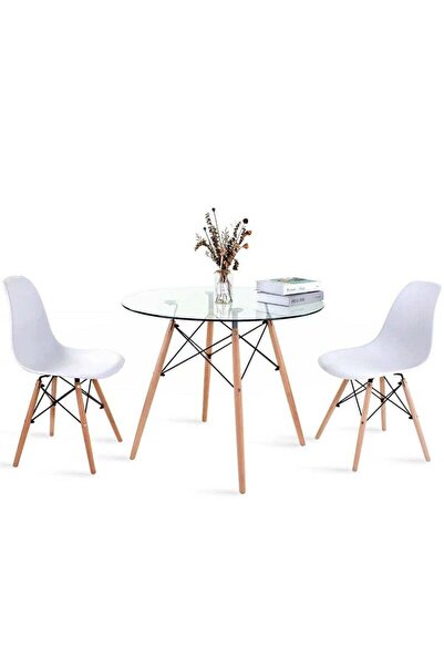 Taimi 3-Piece Dining Set – Round Tempered Glass Table 80x80x72cm with Wooden Legs & 2 White Chairs