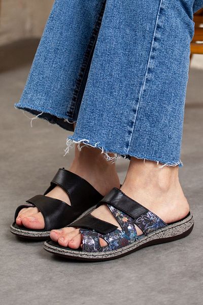 DERİMİSS Women's Genuine Leather Floral Patterned Orthopedic Flat Slippers