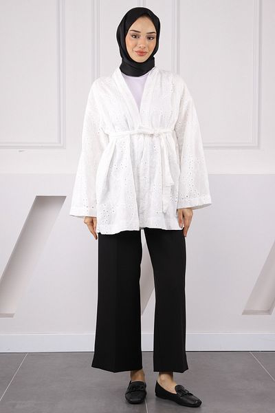 İmajButik Ecru Waist Belted Kimono